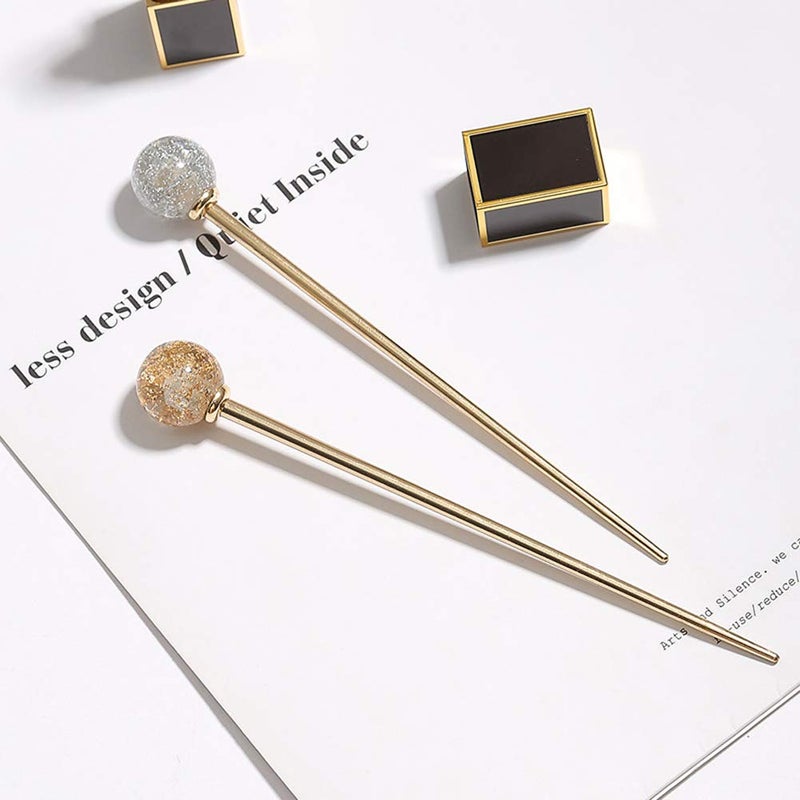 Luzen 2Pcs Simple Elegant Round Ball Metal Hair Stick Fork Chignon Pin Lollipop Shape Decorative Hairpin Chopsticks Hair Jewelry for Women Lady Teen Fashion Hair Updo Making Accessories, Silver and Gold - Image 4